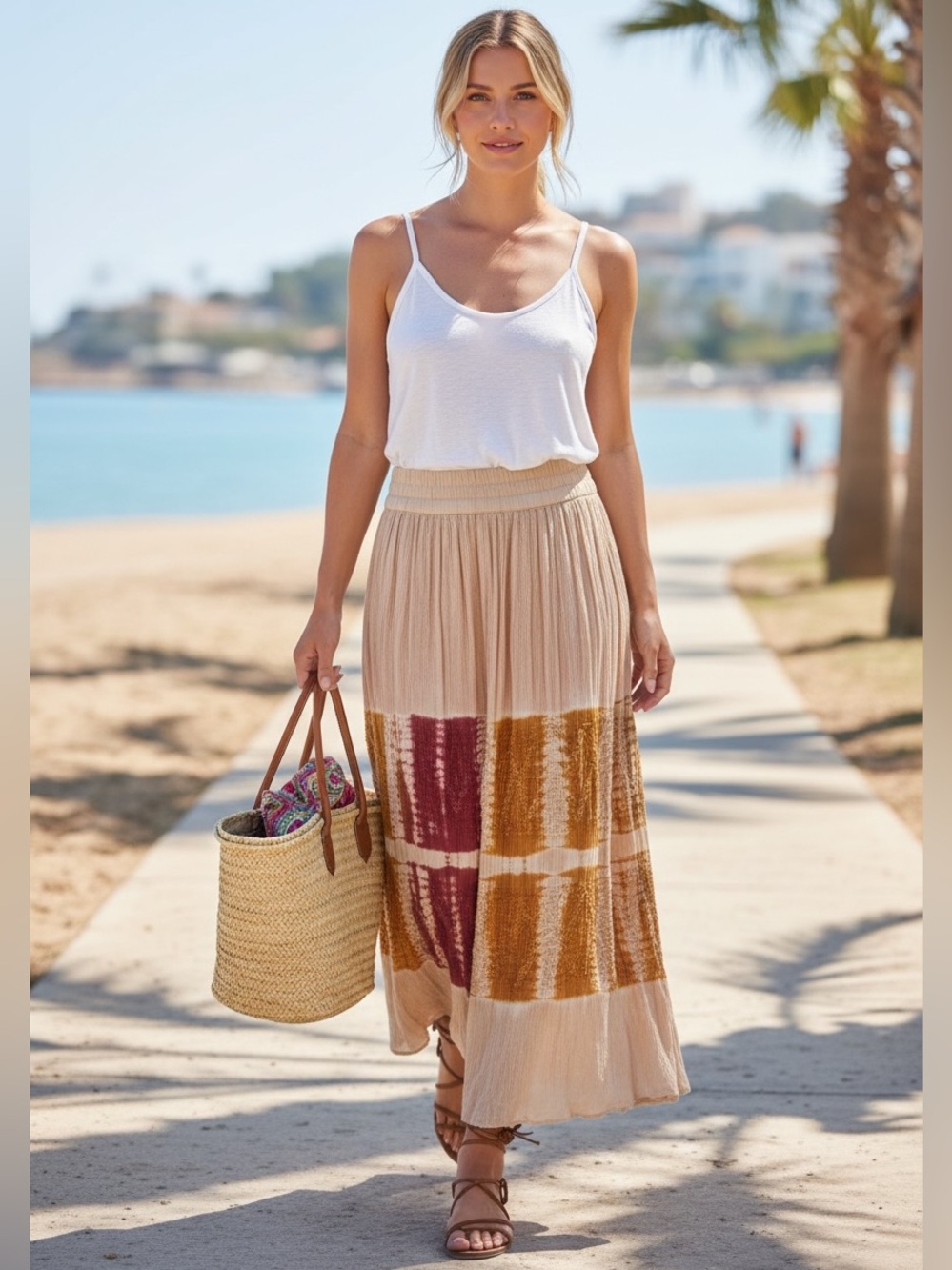 Vtg Effeci Beige Crinkled Tie-Dye Embroidered Vacation Resort Boho Maxi Skirt S